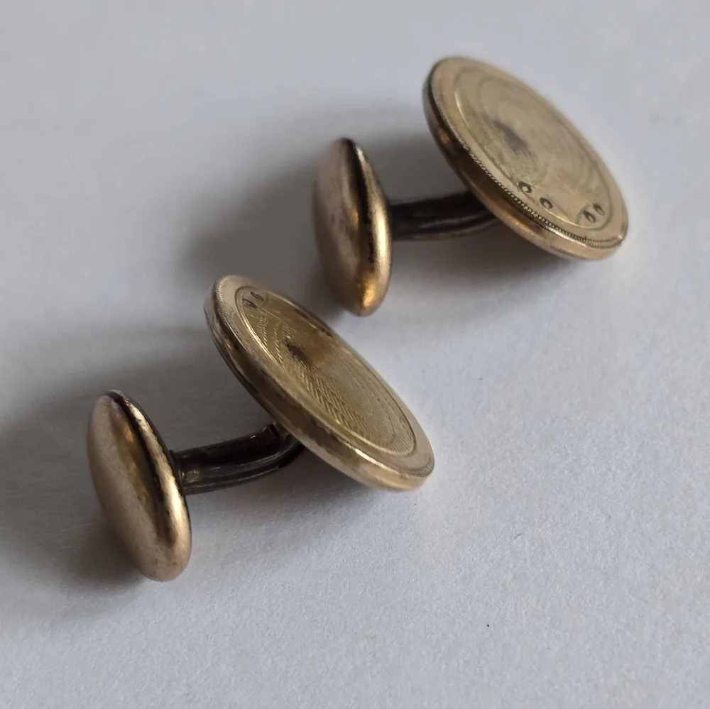 Vintage cuff links gold tone oval shield engraved edwardian art deco style